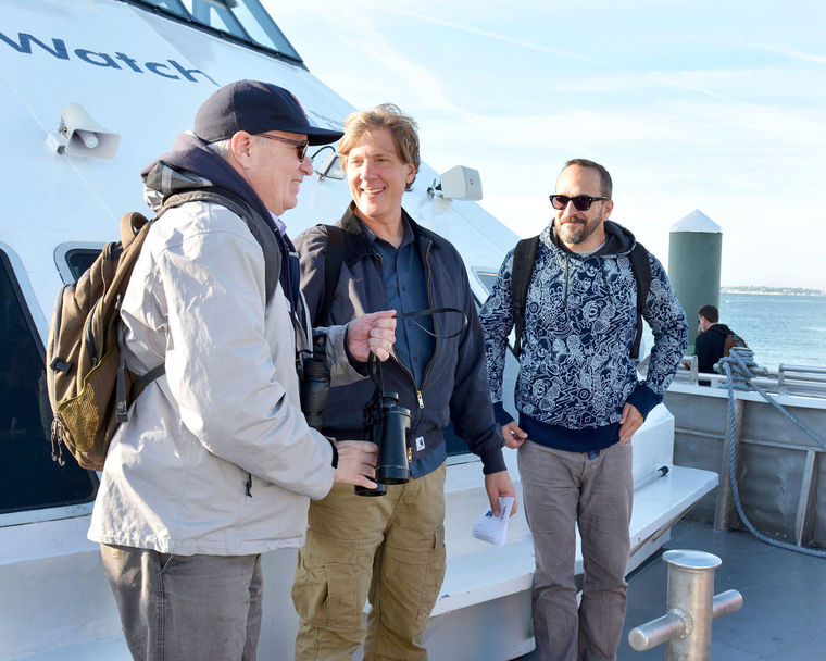 John Roy of Nahant, Rick Rawlings of Swampscott and Anthony Waite of Swampscott, from left, wait on the deck for the Lynn ferry to leave for Boston Friday morning.
