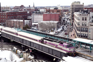 picture of commuter rail on tracks in downtown lynn