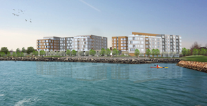 An artist rendering of the waterfront residential development to be built at the former Beacon Chevrolet site on the Lynnway by Mimco Development.
