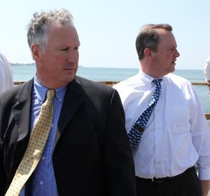 State Sen. Thomas McGee, left, and Lt. Gov. Timothy Murray, right, after the Seaport Advisory meeting on the Pier at Blossom Street Extension Thursday.